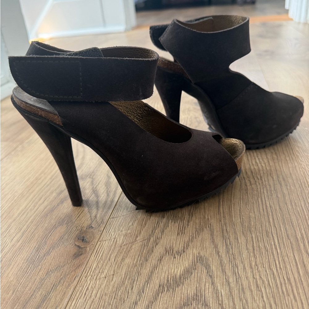 Pedro Garcia Women's Black Suede Peep-Toe High Heel Sandals